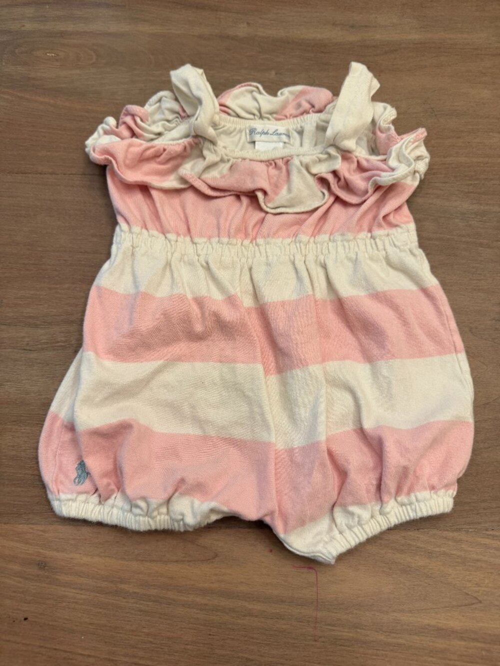 Ralph Lauren Pink & White Striped Ruffle Bubble Romper 9M